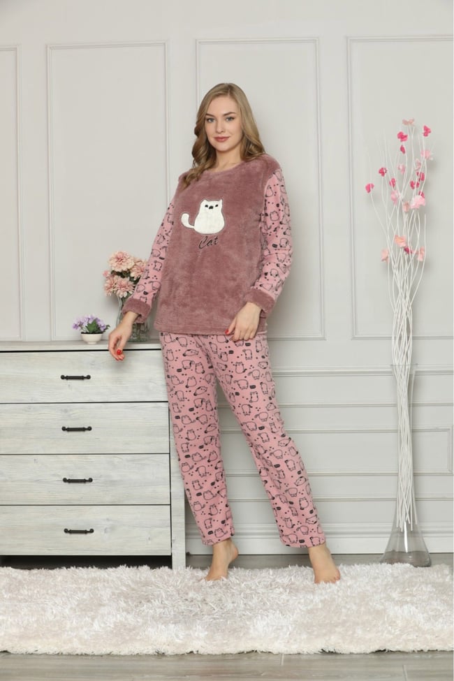 Kadın Gül Kurusu Kedicikli Polar Pijama Takım