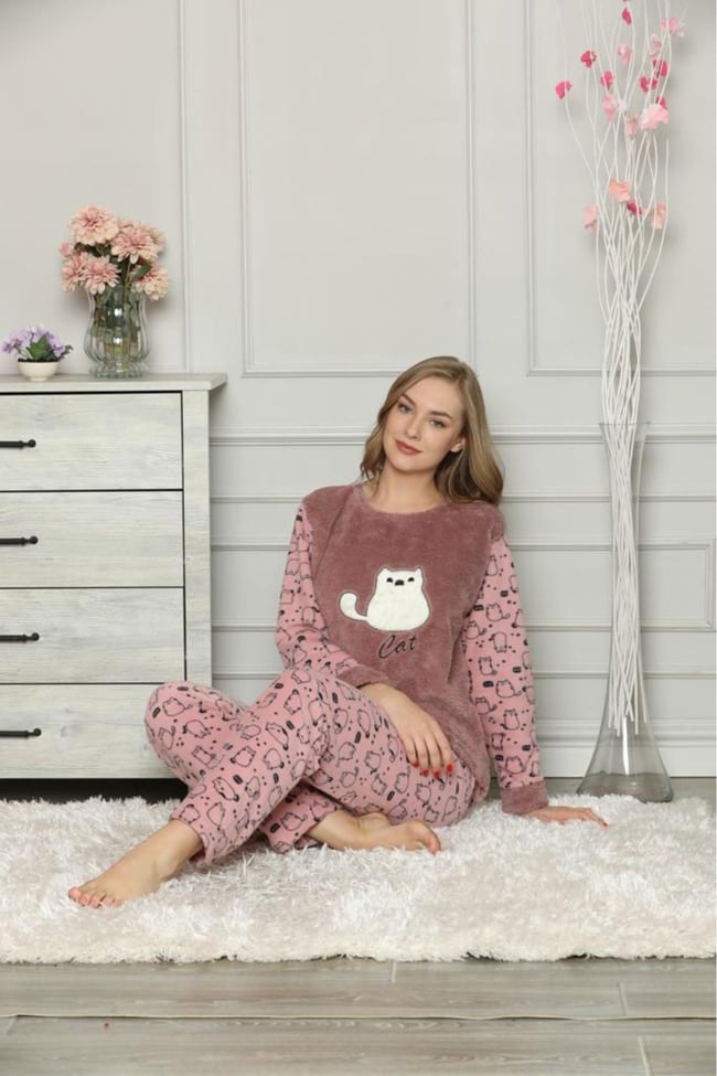 Kadın Gül Kurusu Kedicikli Polar Pijama Takım