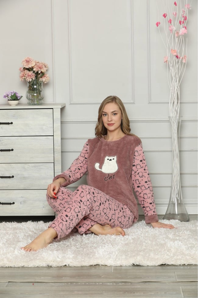 Kadın Gül Kurusu Kedicikli Polar Pijama Takım