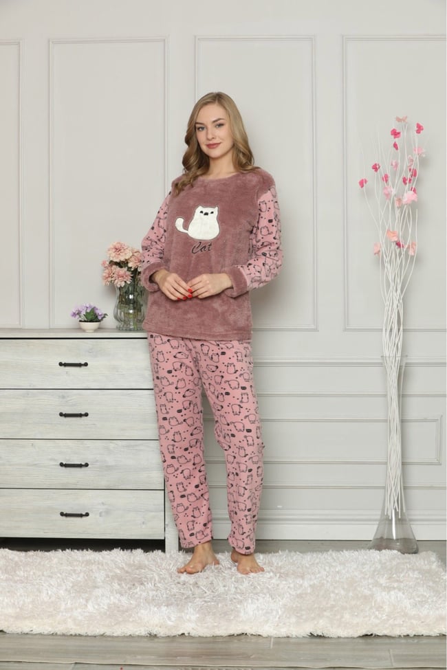 Kadın Gül Kurusu Kedicikli Polar Pijama Takım