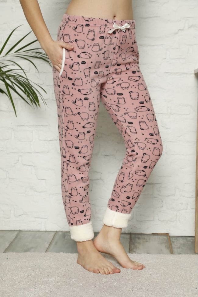 Kadın Gül Kurusu Paçası Pelüş Kedicikli Cepli Polar Pijama Altı