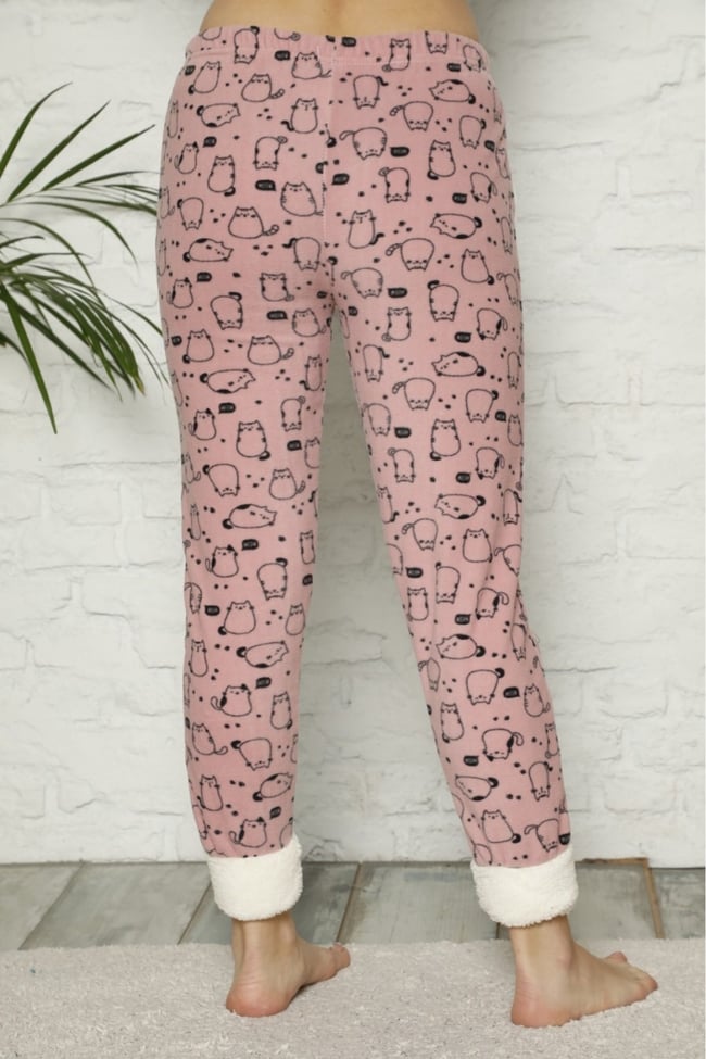 Kadın Gül Kurusu Paçası Pelüş Kedicikli Cepli Polar Pijama Altı