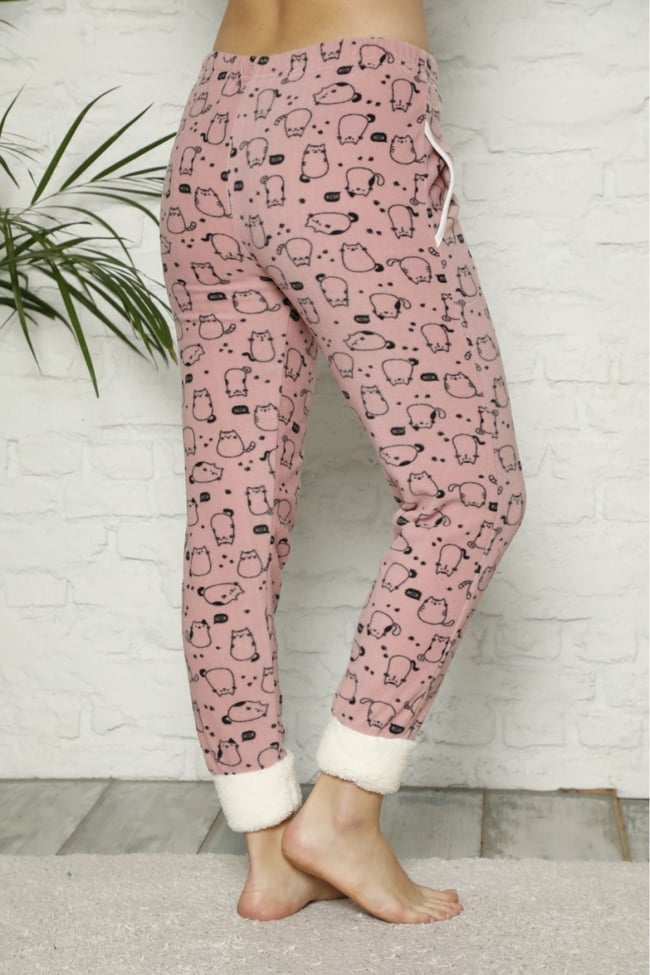 Kadın Gül Kurusu Paçası Pelüş Kedicikli Cepli Polar Pijama Altı