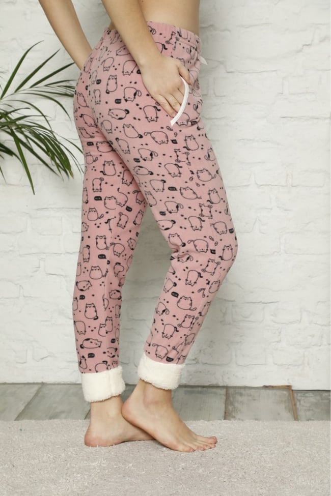 Kadın Gül Kurusu Paçası Pelüş Kedicikli Cepli Polar Pijama Altı