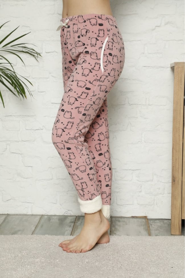 Kadın Gül Kurusu Paçası Pelüş Kedicikli Cepli Polar Pijama Altı