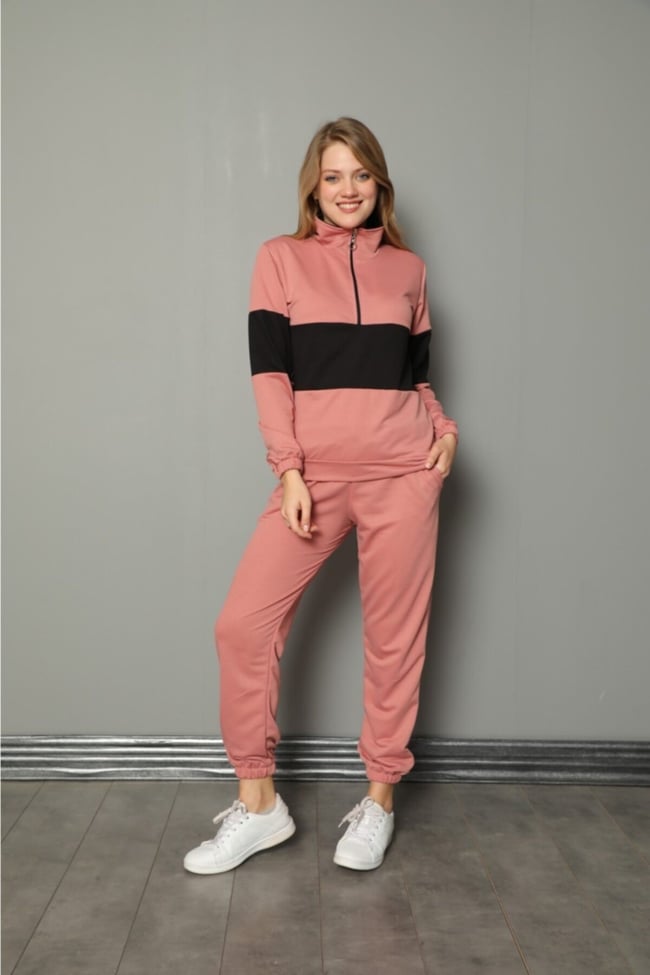 Kadın Gül Kurusu Yarım Fermuarlu Şeritli Iki Iplik Pijama Takımı
