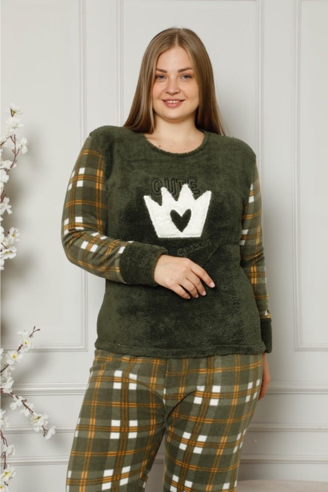 Kadın Haki Queen Yazılı Ekoseli Polar Peluş Pijama Takımı