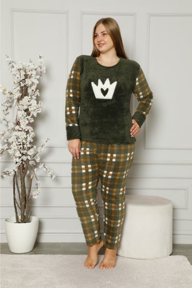 Kadın Haki Queen Yazılı Ekoseli Polar Peluş Pijama Takımı