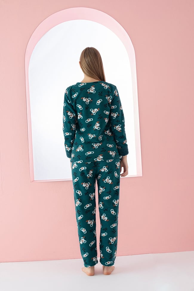 Kadın Haki Sevimli Koala Nakışlı Polar Peluş Pijama Takımı.