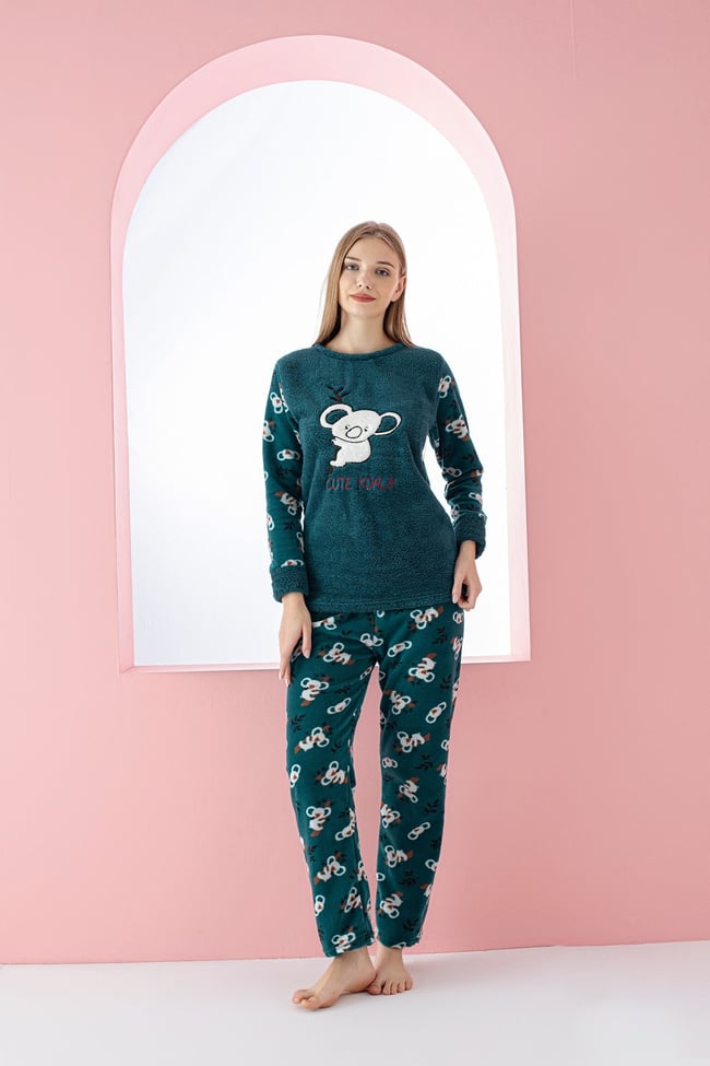 Kadın Haki Sevimli Koala Nakışlı Polar Peluş Pijama Takımı.