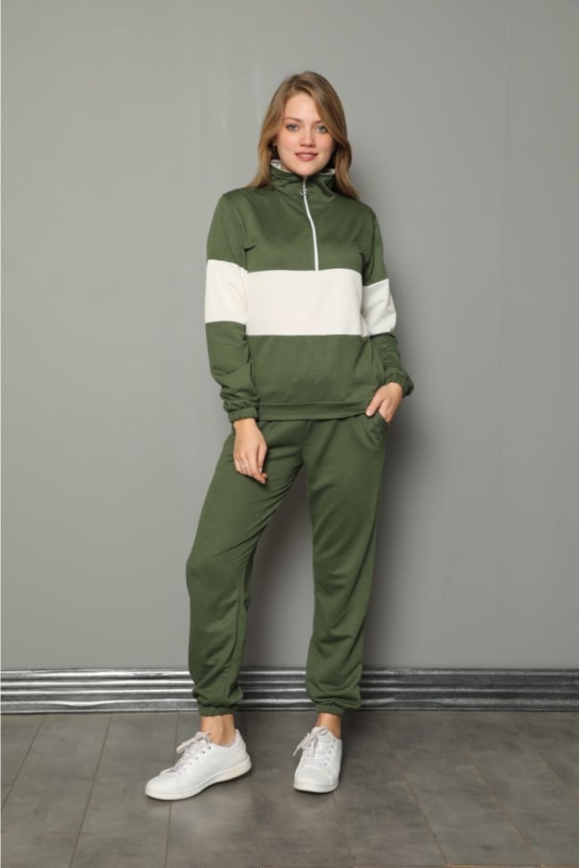 Kadın Haki Yarım Fermuarlu Şeritli Iki Iplik Pijama Takımı