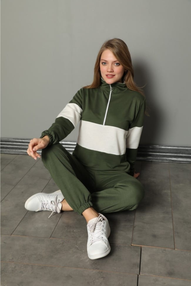 Kadın Haki Yarım Fermuarlu Şeritli Iki Iplik Pijama Takımı
