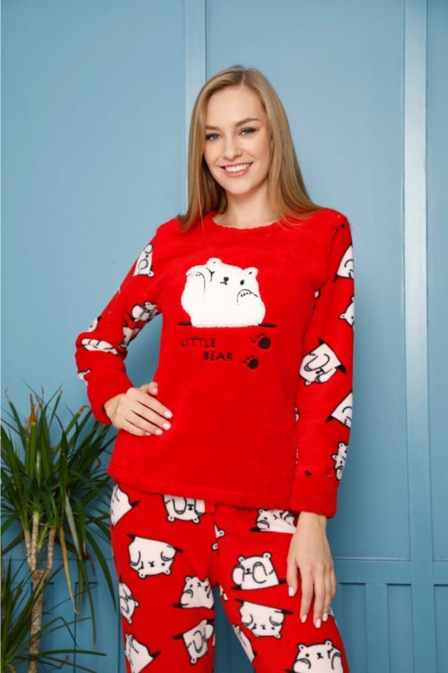 Kadın Kırmızı Ayı Nakışlı Lıttle Bear Yazılı Polar Peluş Pijama Takımı