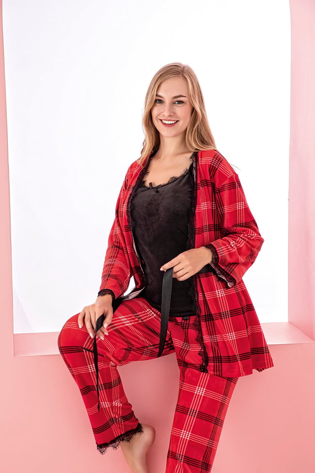 Kadın Kırmızı Ekose Baskılı Fransız Kadife Ip Askılı Altı Uzun Sabahlıklı 3'lü Pijama Takımı Set