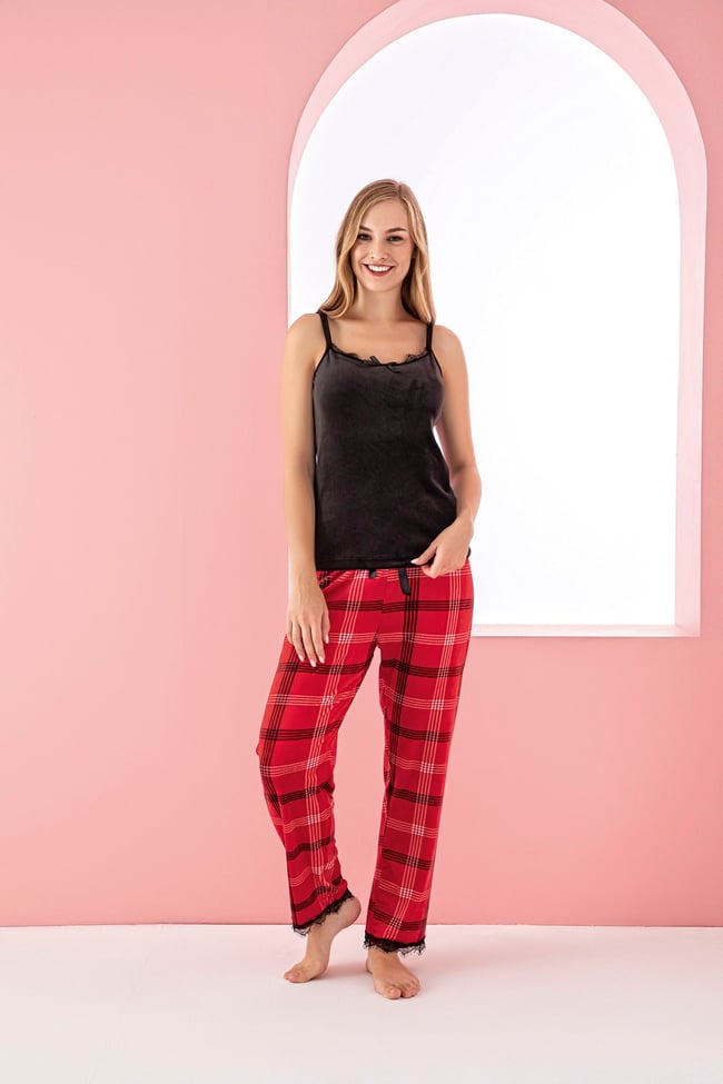 Kadın Kırmızı Ekose Baskılı Fransız Kadife Ip Askılı Altı Uzun Sabahlıklı 3'lü Pijama Takımı Set