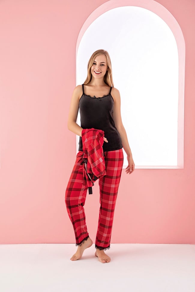 Kadın Kırmızı Ekose Baskılı Fransız Kadife Ip Askılı Altı Uzun Sabahlıklı 3'lü Pijama Takımı Set