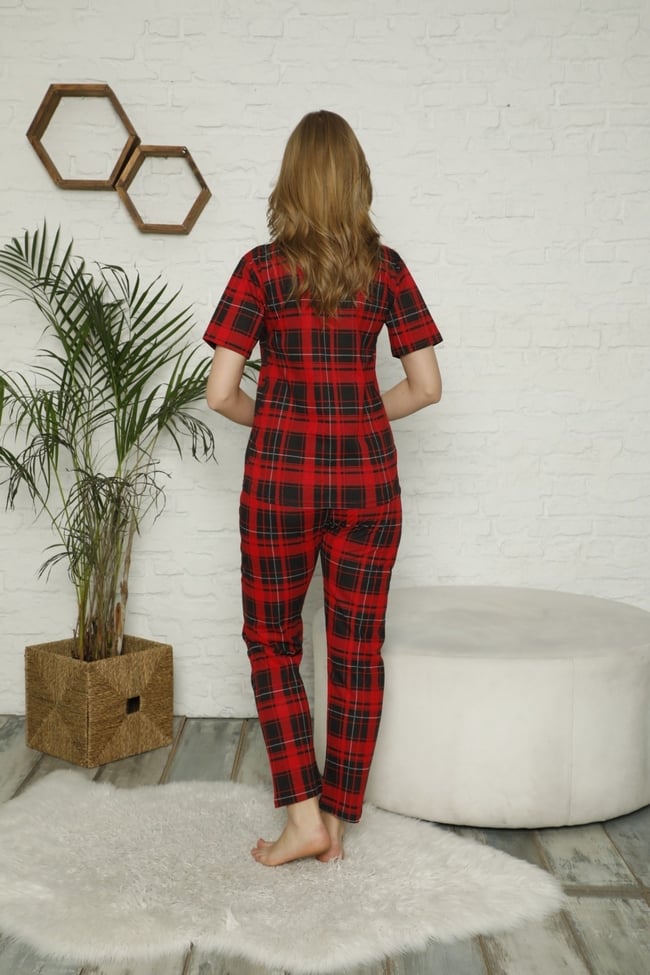 Kadın Kırmızı Ekose Desenli Düğmeli Pijama Takımı