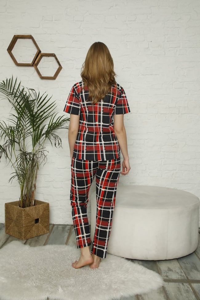 Kadın Kırmızı Ekose Desenli Düğmeli Pijama Takımı