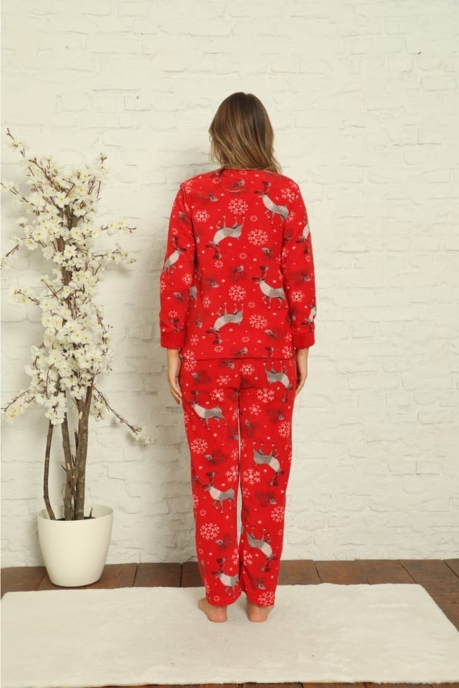 Kadın Kırmızı Geyik Desenli Polar Peluş Pijama Takımı