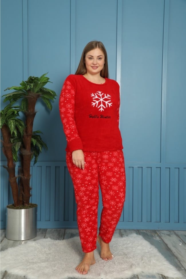 Kadın Kırmızı Hello Winter Yazılı Kar Desenli Polar Peluş Pijama Takımı