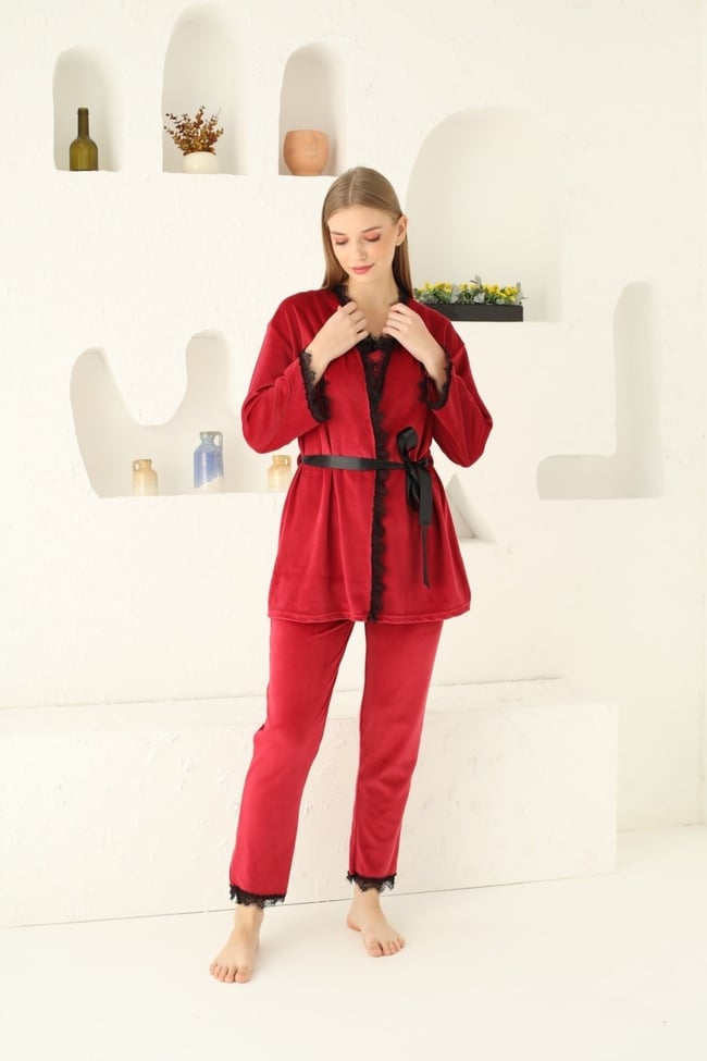 Kadın Kırmızı Ithal Fransız Kadife Ip Askılı Altı Uzun Sabahlıklı 3'lü Pijama Takımı Set
