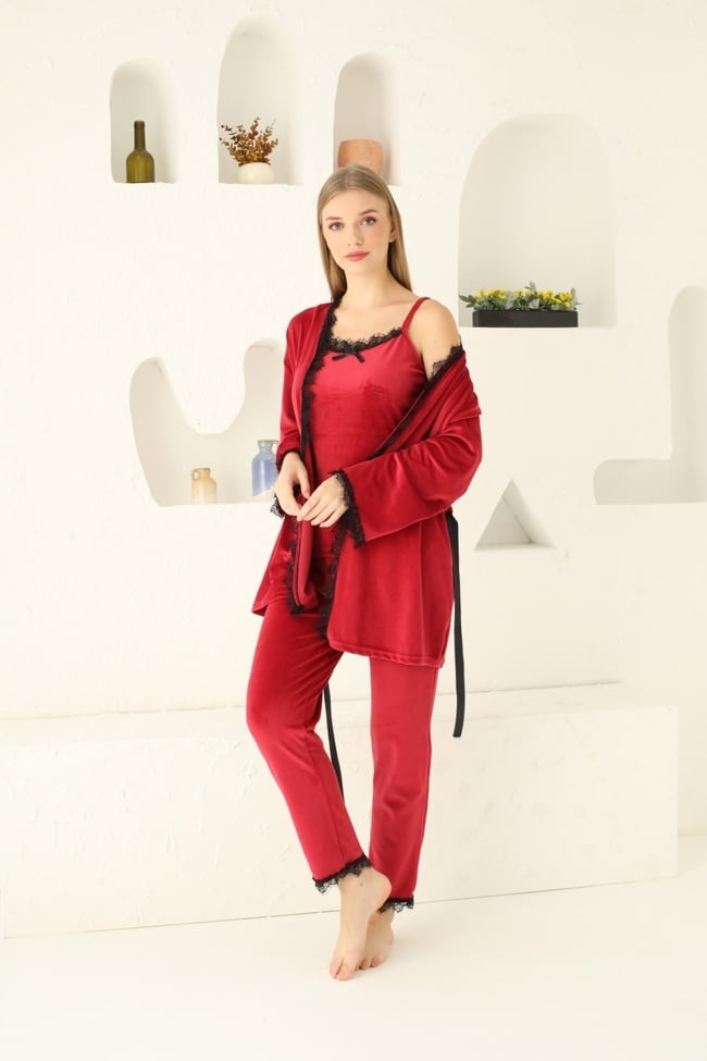 Kadın Kırmızı Ithal Fransız Kadife Ip Askılı Altı Uzun Sabahlıklı 3'lü Pijama Takımı Set