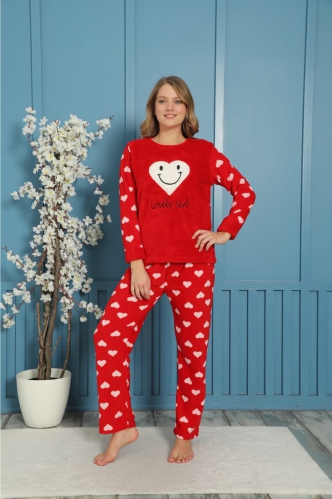 Kadın Kırmızı Kalpli Smile Lovely Girl Yazılı Polar Peluş Pijama Takımı