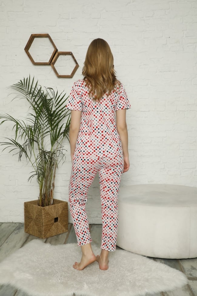 Kadın Kırmızı Karışık Puantiyeli Düğmeli Pijama Takımı
