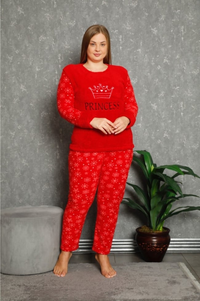 Kadın Kırmızı Lacivert Princess Yazılı Kar Desenli Polar Peluş Pijama Takımı