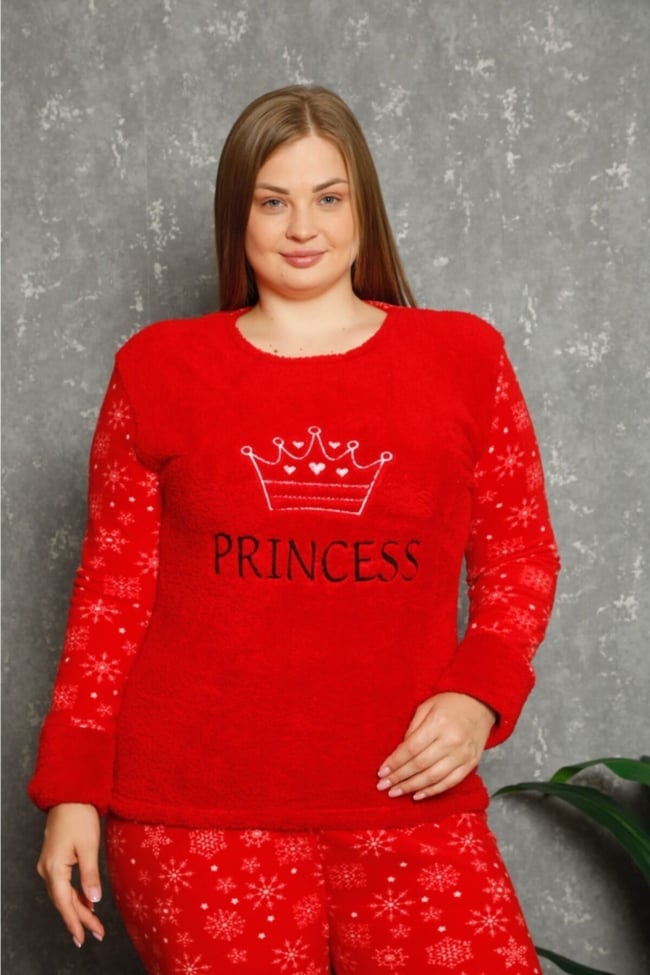 Kadın Kırmızı Lacivert Princess Yazılı Kar Desenli Polar Peluş Pijama Takımı