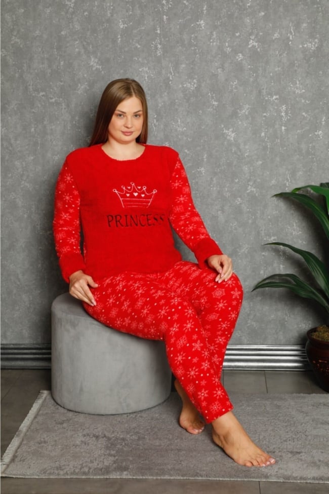 Kadın Kırmızı Lacivert Princess Yazılı Kar Desenli Polar Peluş Pijama Takımı
