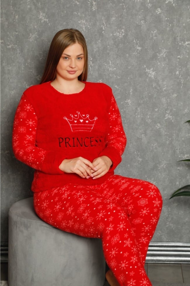 Kadın Kırmızı Lacivert Princess Yazılı Kar Desenli Polar Peluş Pijama Takımı