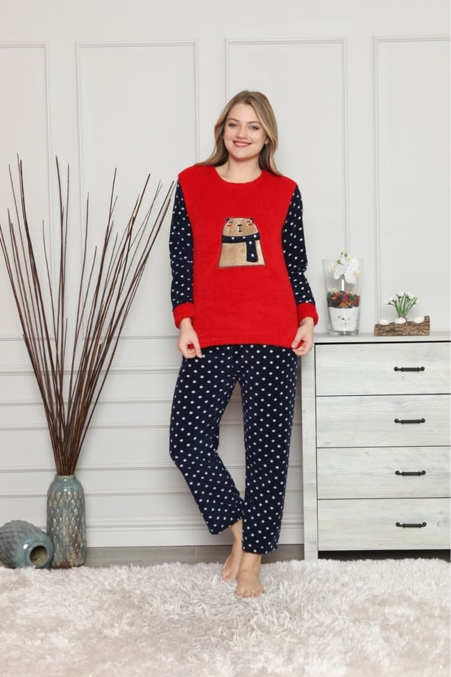 Kadın Kırmızı Puantiyeli Ayıcıklı Polar Pijama Takım