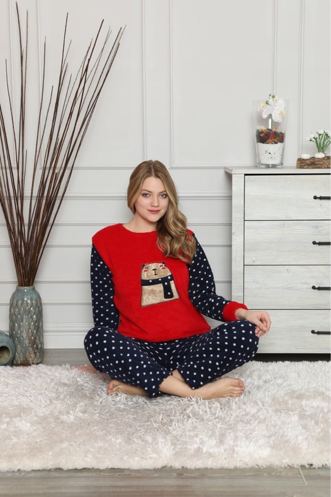 Kadın Kırmızı Puantiyeli Ayıcıklı Polar Pijama Takım