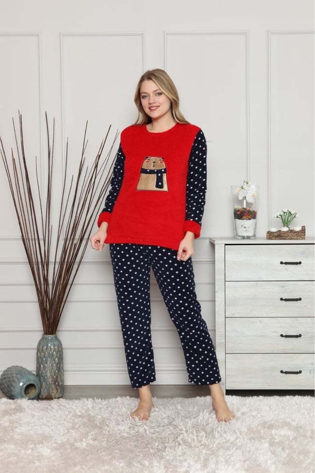 Kadın Kırmızı Puantiyeli Ayıcıklı Polar Pijama Takım