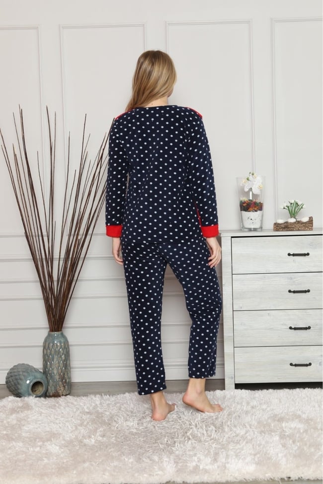 Kadın Kırmızı Puantiyeli Ayıcıklı Polar Pijama Takım