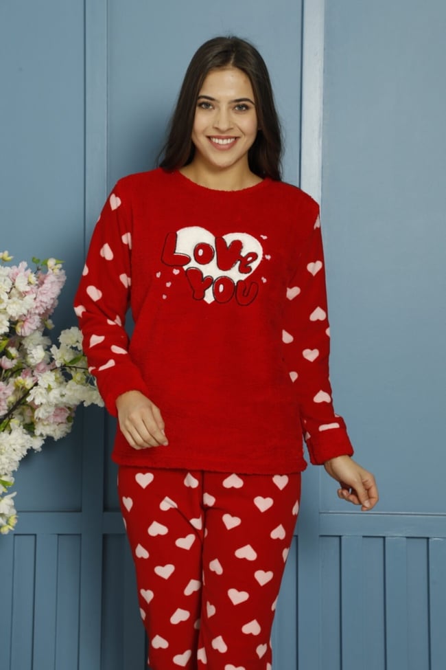 Kadın Kırmızı Yeşili Love You Nakışlı Önü Peluşlu Polar Pijama Takımı.