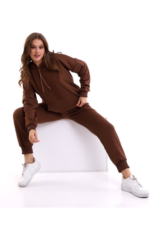 Kadın Koyu Kahve Kapüşonlu Kanguru Cepli Üç Iplik Spor Takım .