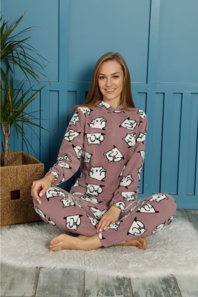 Kadın Koyu Lila Ayıcık Baskılı Kapüşonlu Polar Pijama Takımı.