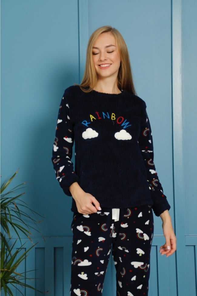 Kadın Lacivert Bulut Baskılı Raınbow Yazılı Polar Peluş Pijama Takımı