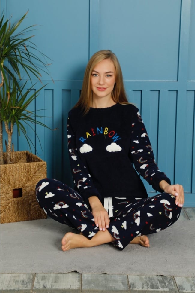 Kadın Lacivert Bulut Baskılı Raınbow Yazılı Polar Peluş Pijama Takımı