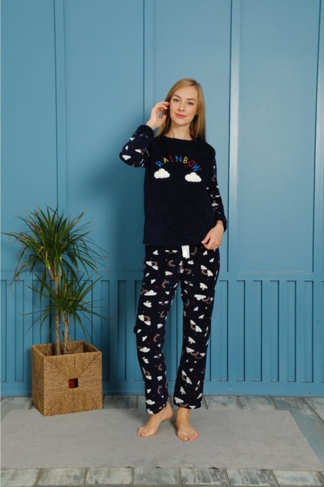 Kadın Lacivert Bulut Baskılı Raınbow Yazılı Polar Peluş Pijama Takımı