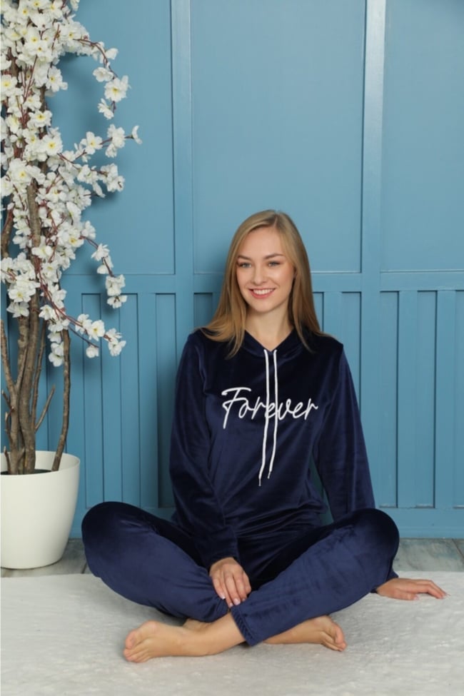 Kadın Lacivert Forever Nakışlı Kapüşonlu Ve Cepli Fransız Kadife Eşofman Takımı