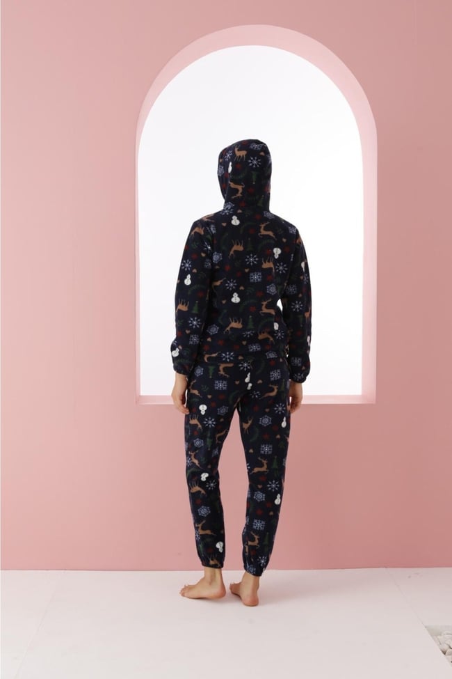 Kadın Lacivert Geyik Desenli Kapüşonlu Polar Eşofman Pijama Takımı