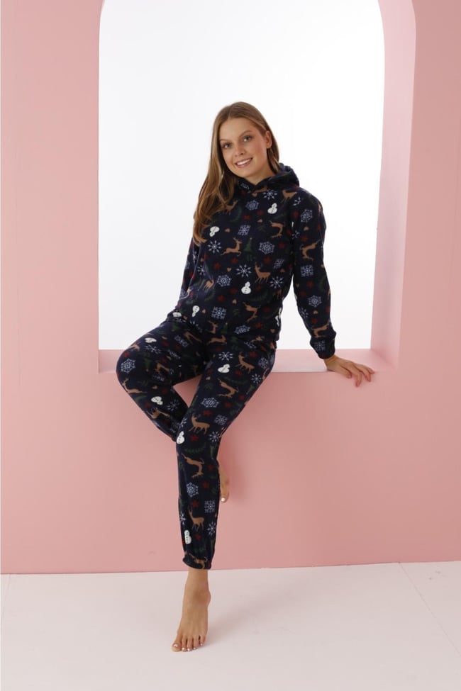 Kadın Lacivert Geyik Desenli Kapüşonlu Polar Eşofman Pijama Takımı