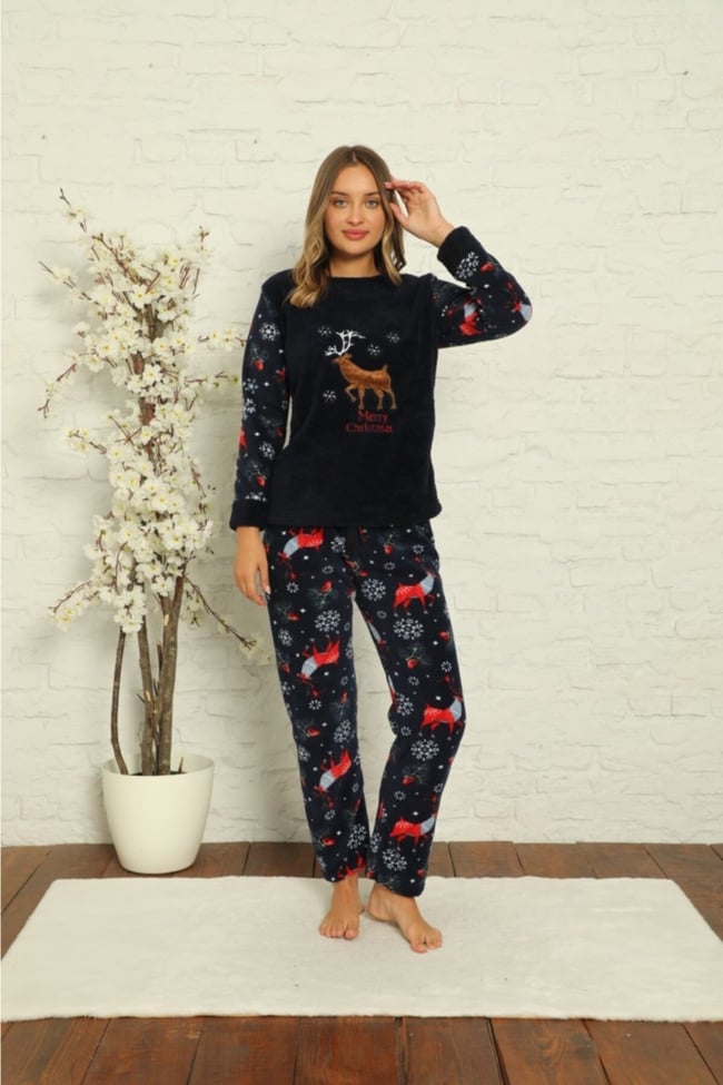Kadın Lacivert Geyik Desenli Polar Peluş Pijama Takımı