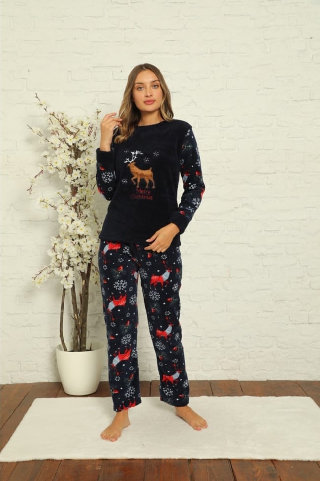 Kadın Lacivert Geyik Desenli Polar Peluş Pijama Takımı