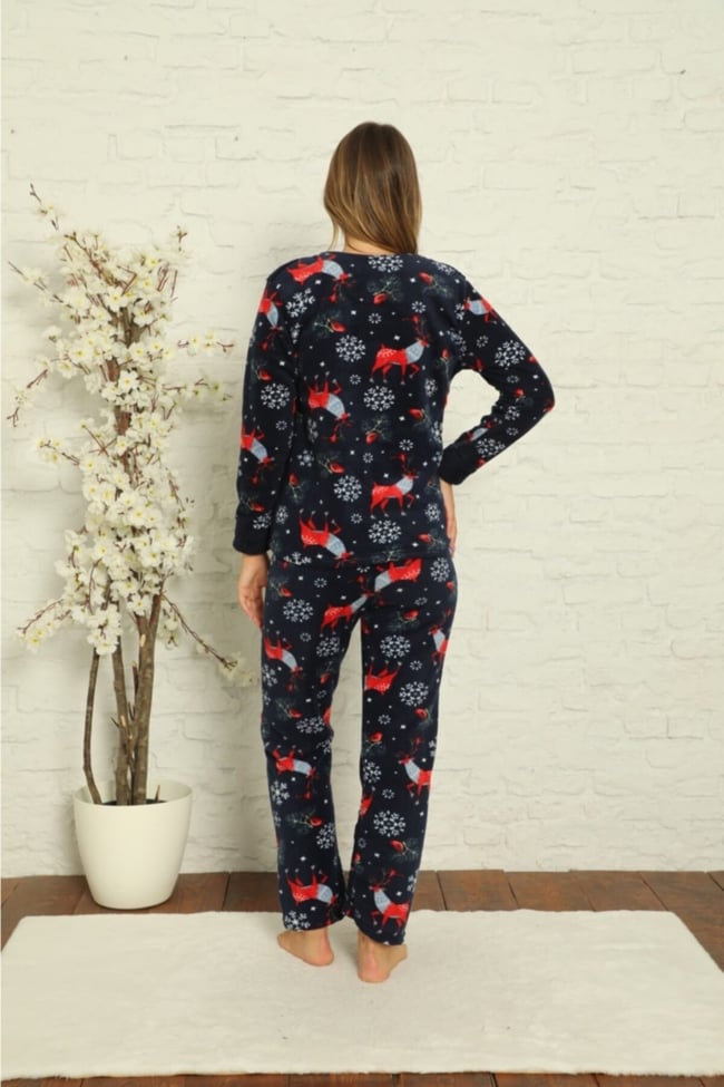 Kadın Lacivert Geyik Desenli Polar Peluş Pijama Takımı