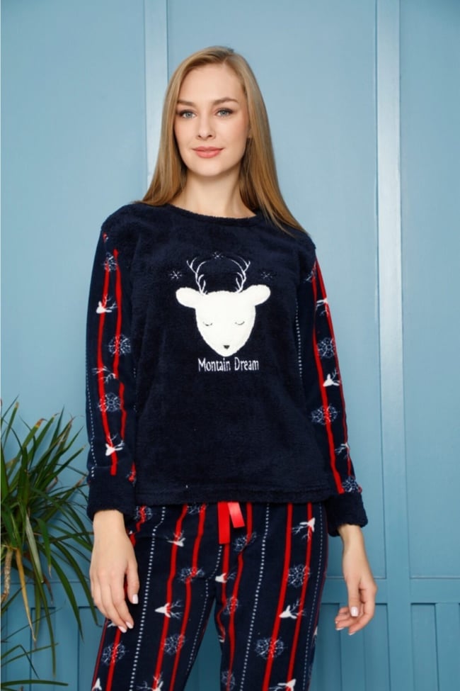 Kadın Lacivert Geyik Nakışlı Montain Dream Yazılı Polar Peluş Pijama Takımı
