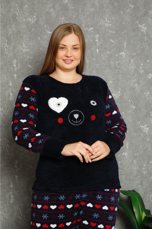 Kadın Lacivert Kalpli Ekose Desenli Polar Peluş Pijama Takımı